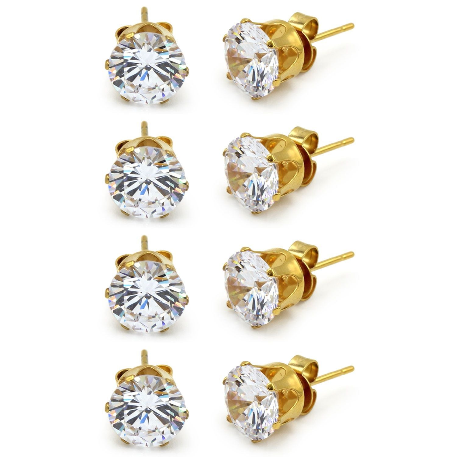 Cubic Zirconia Round 14K Gold Plated Stud Earrings Set Of 4 Stainless Steel Jewelry Men Women