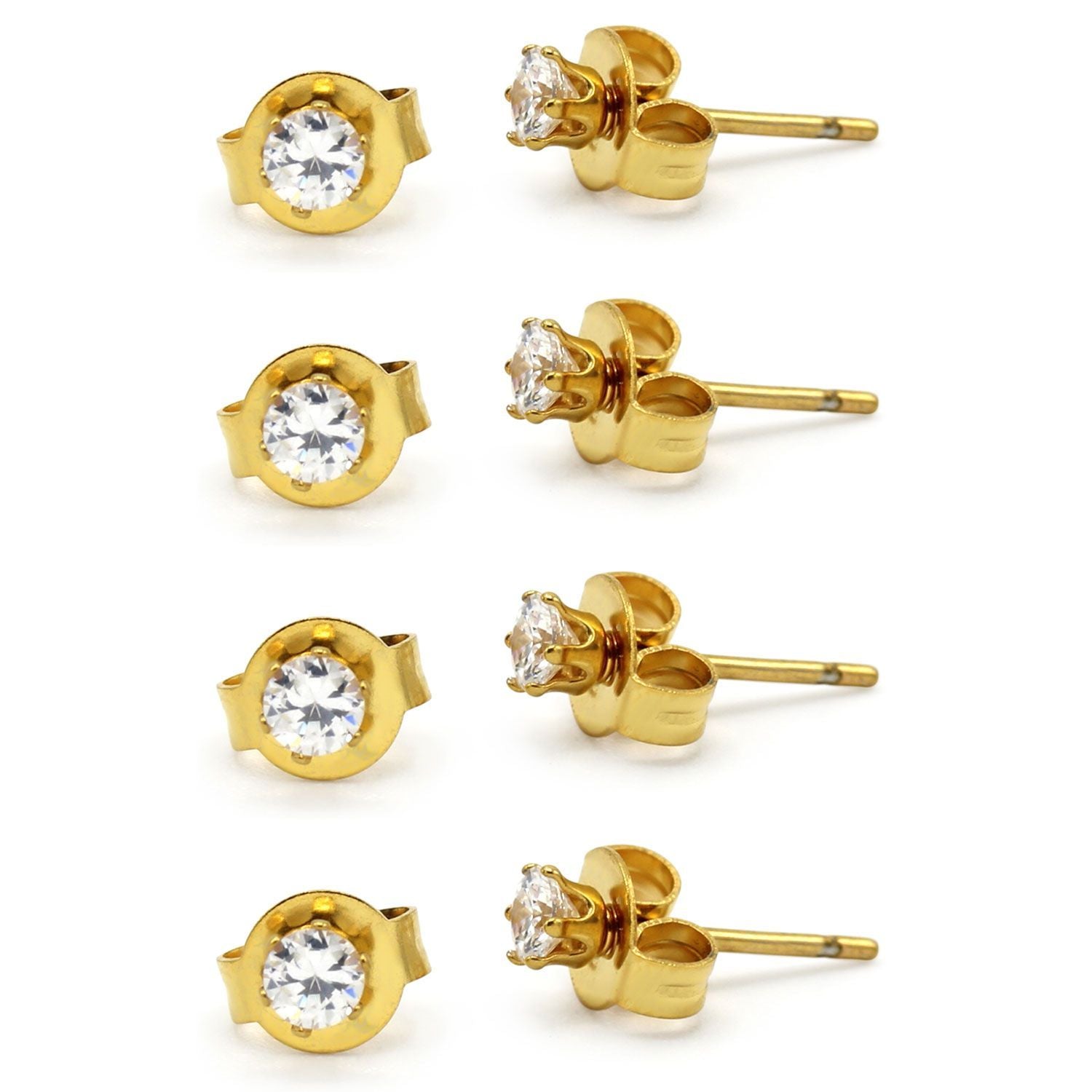 Cubic Zirconia Round 14K Gold Plated Stud Earrings Set Of 4 Stainless Steel Jewelry Men Women