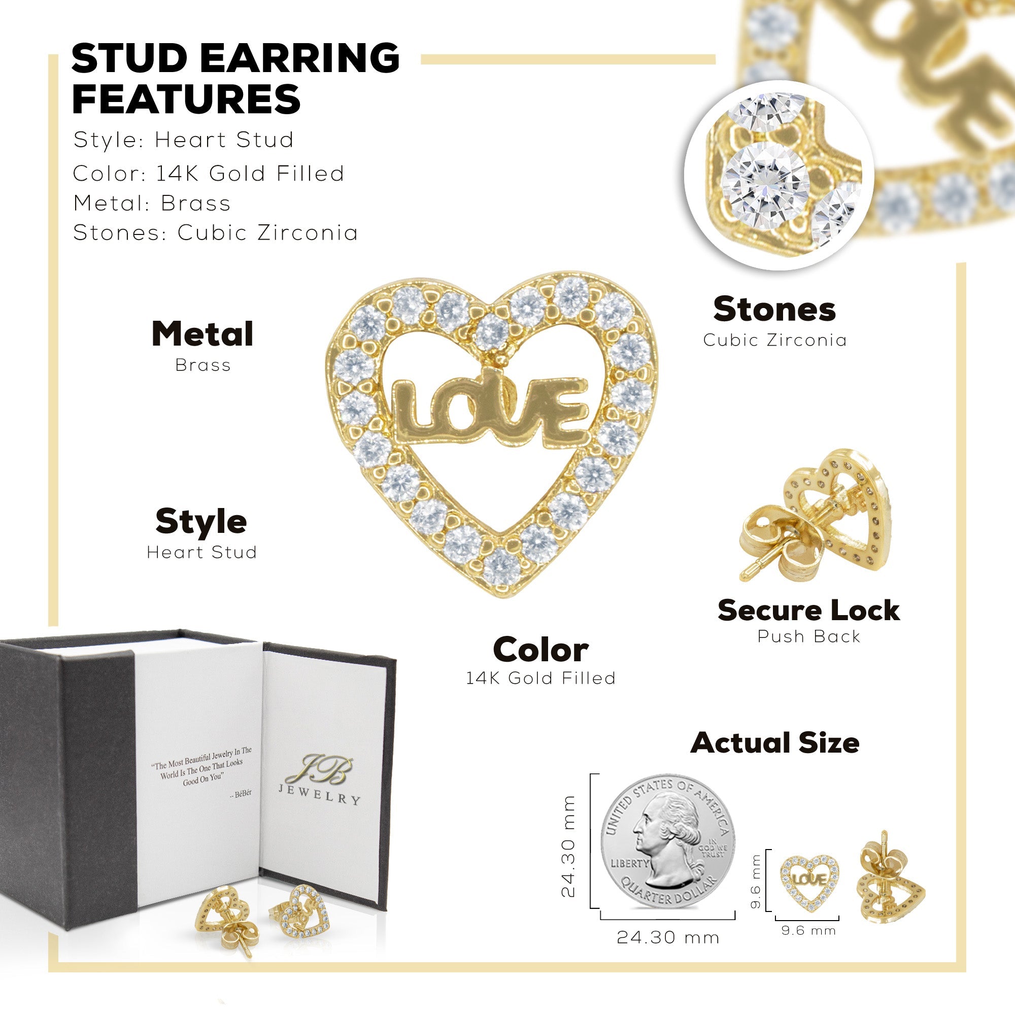 Heart 14 Cubic Zirconia Earrings 14K Gold Filled Silver Hip Hop Studs Jewelry Women