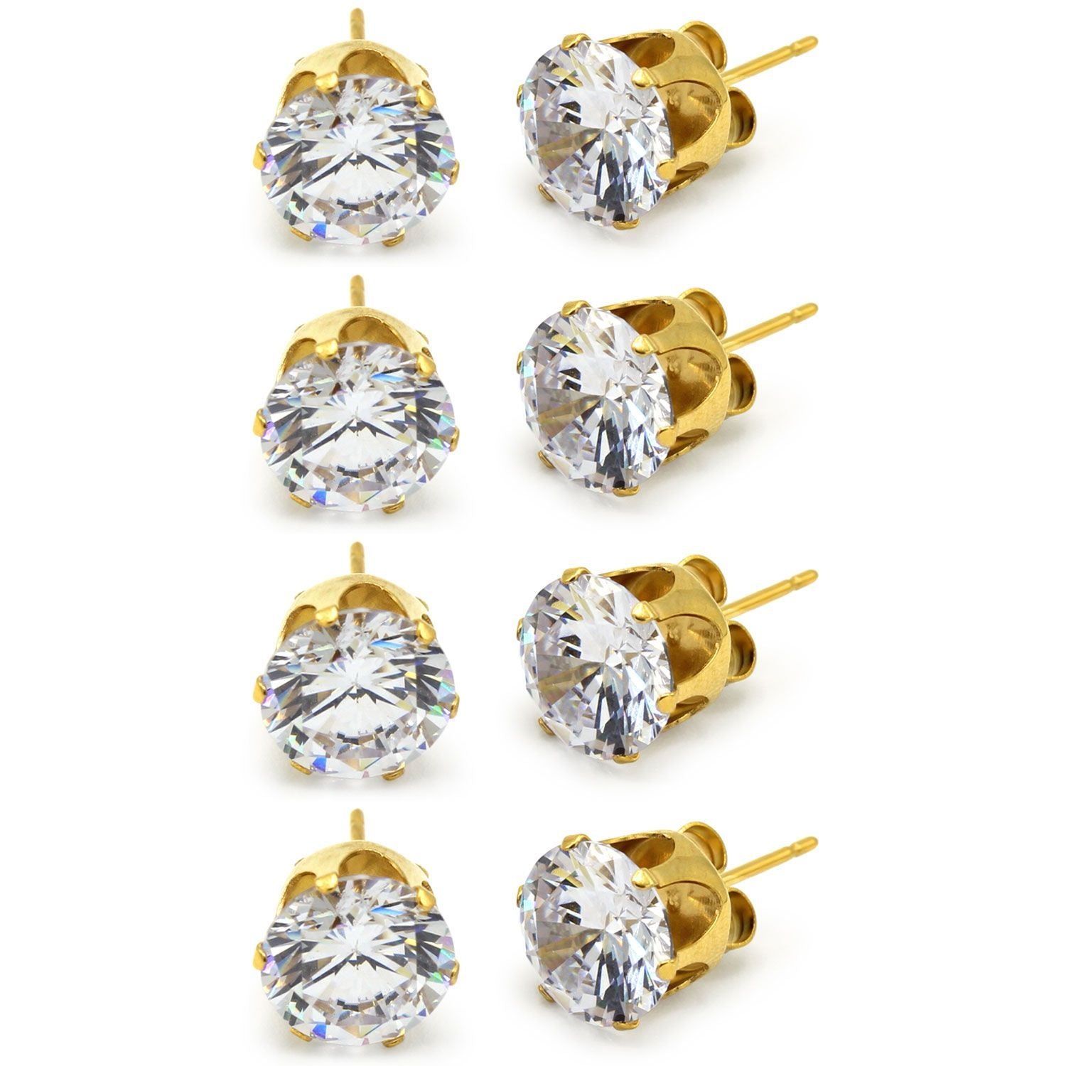 Cubic Zirconia Round 14K Gold Plated Stud Earrings Set Of 4 Stainless Steel Jewelry Men Women