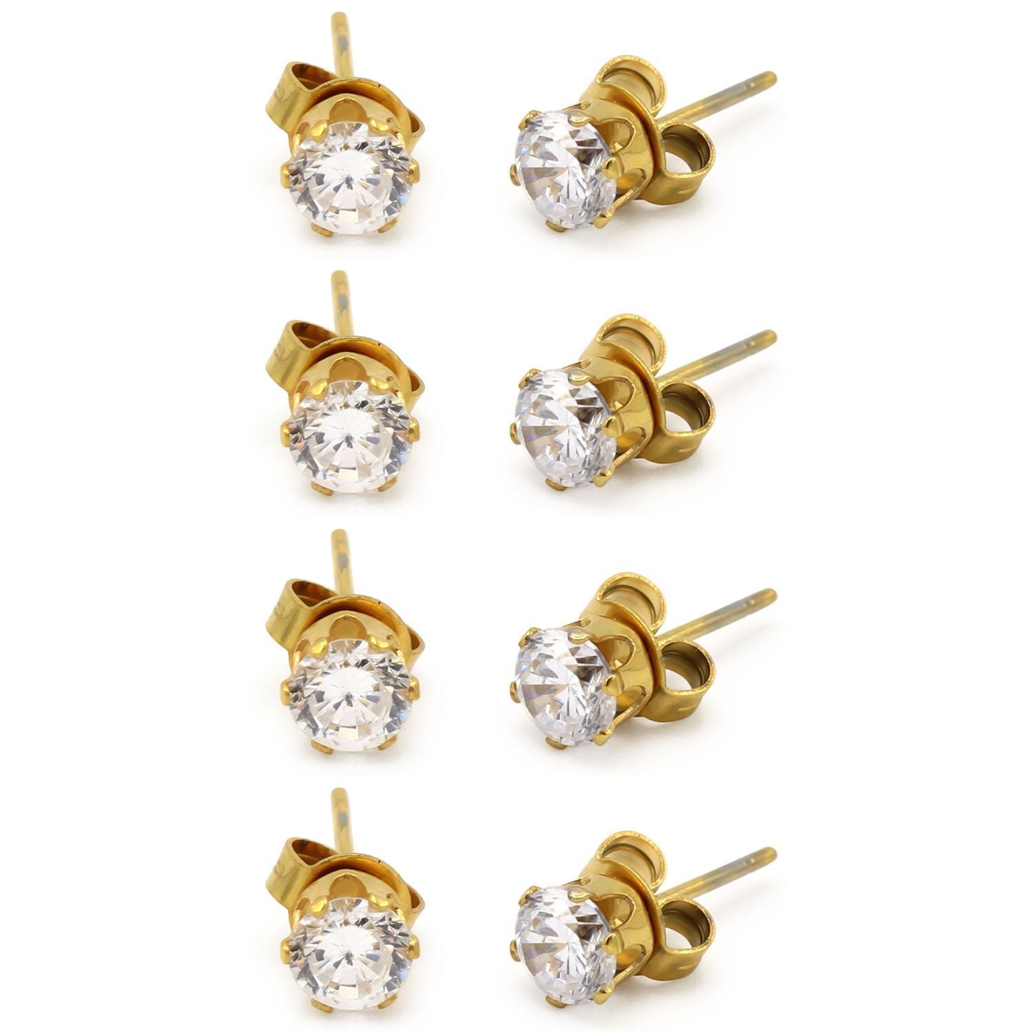 Cubic Zirconia Round 14K Gold Plated Stud Earrings Set Of 4 Stainless Steel Jewelry Men Women