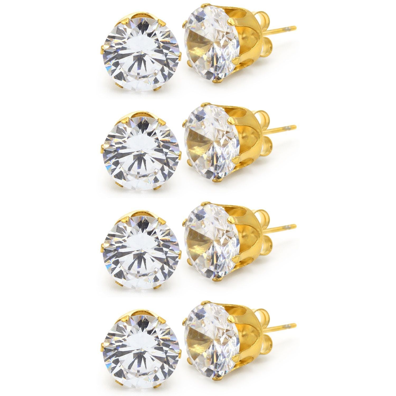 Cubic Zirconia Round 14K Gold Plated Stud Earrings Set Of 4 Stainless Steel Jewelry Men Women