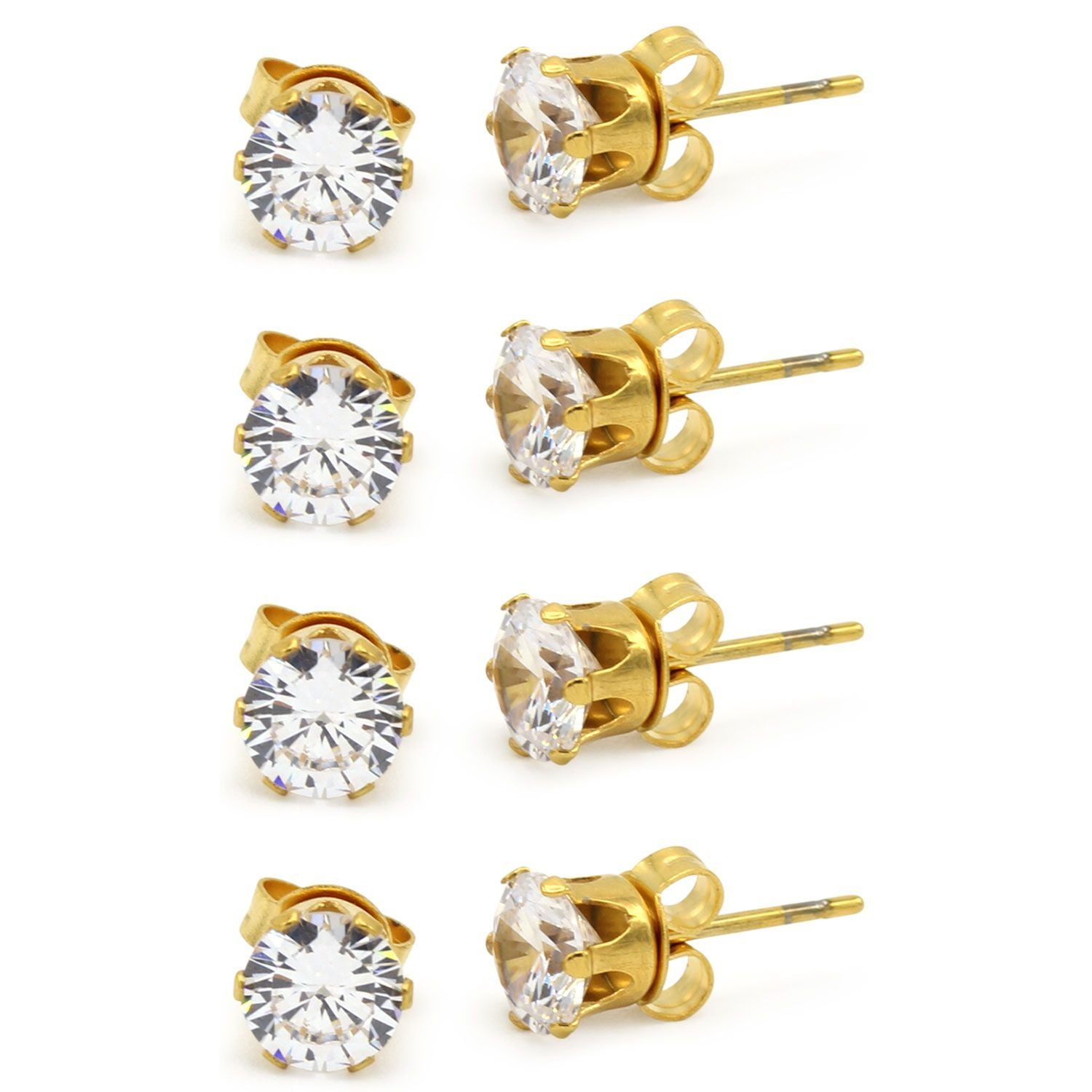 Cubic Zirconia Round 14K Gold Plated Stud Earrings Set Of 4 Stainless Steel Jewelry Men Women